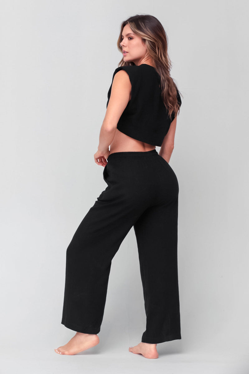 Santorini Linen Pant Set - Black