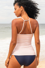 Pink Gingham High-Neck Strappy Tankini Top
